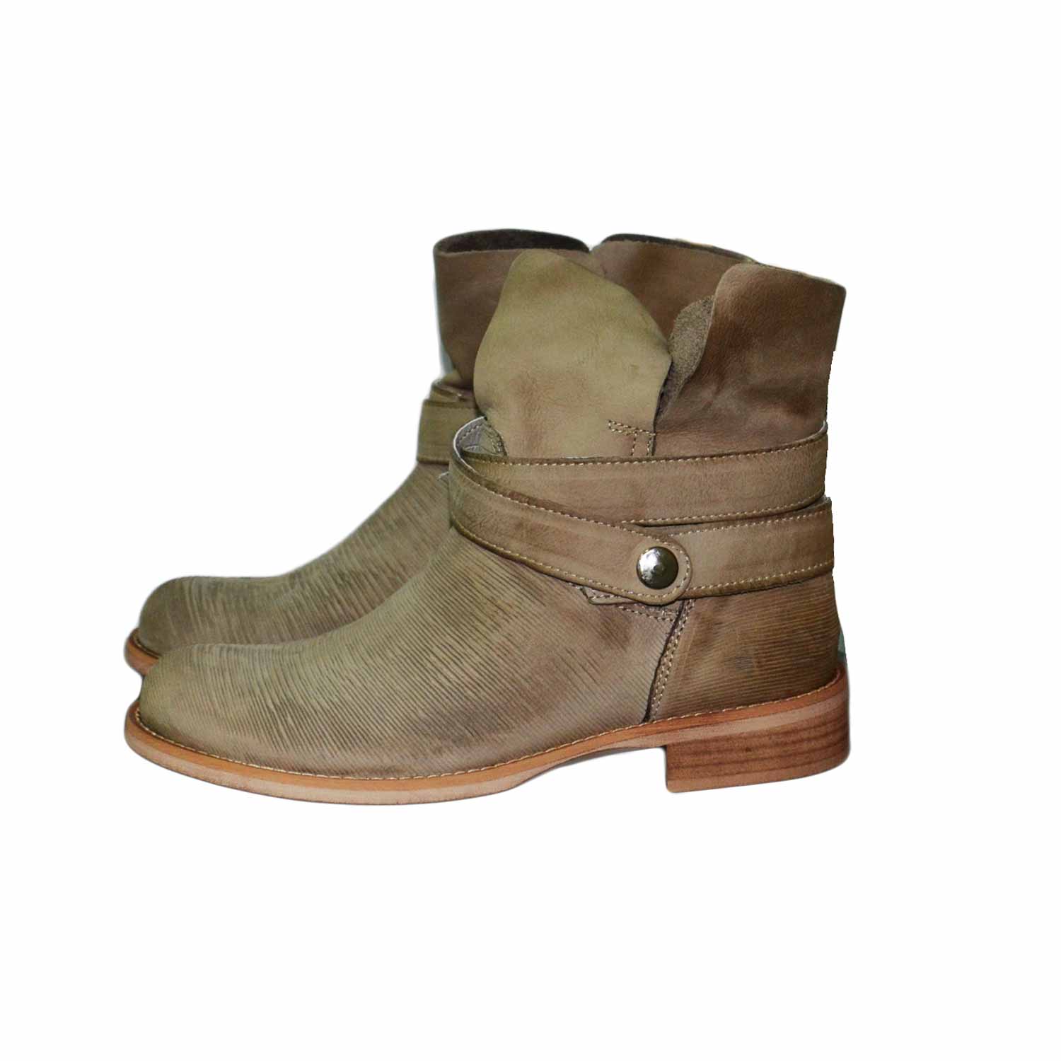 Scarpe donna stivaletto vera pelle rigata moda made in italy cuoio con accessori in pelle