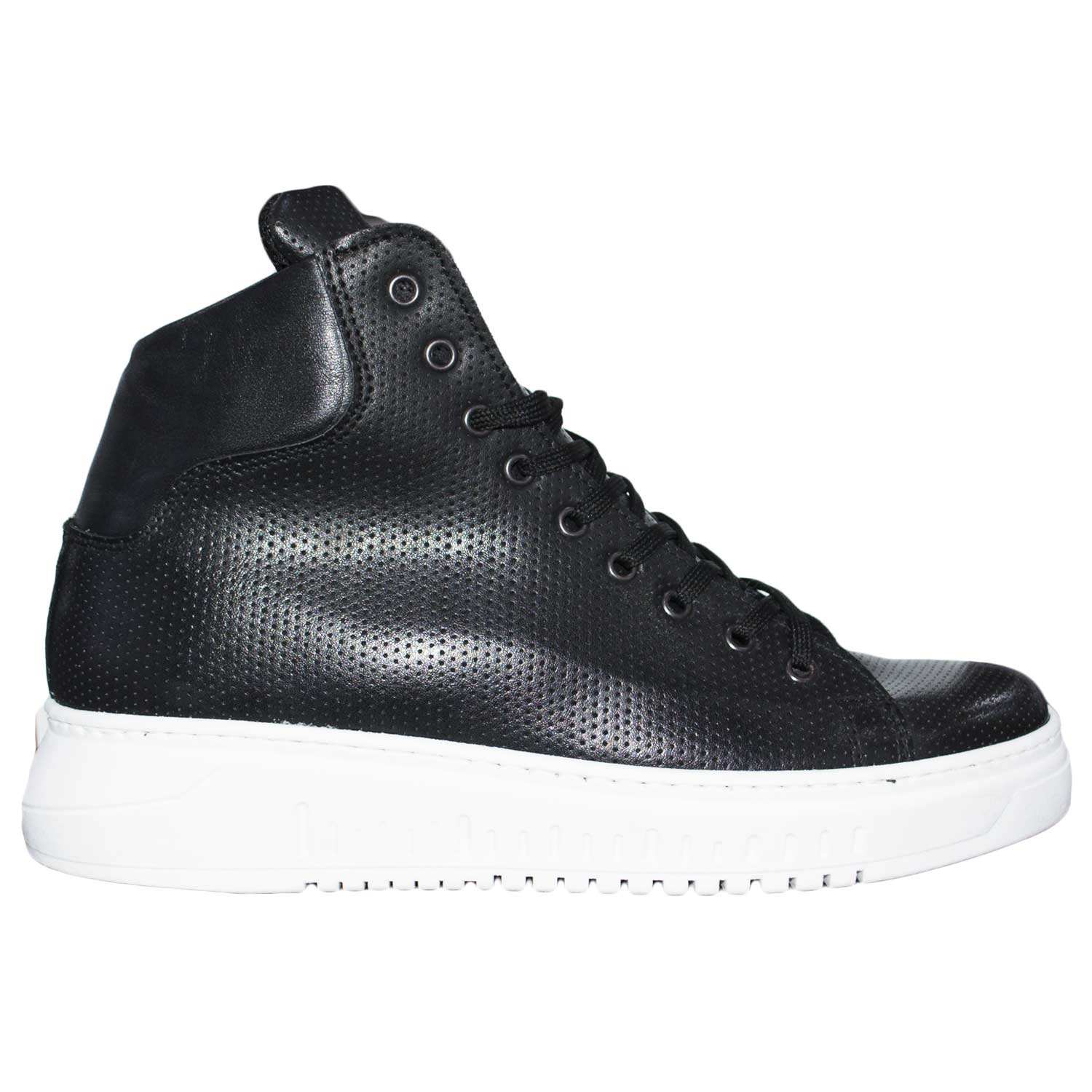 Sneakers alta art 250 bianco fondo doppio army vera pelle nero microforato rifinimenti in pelle made in italy.