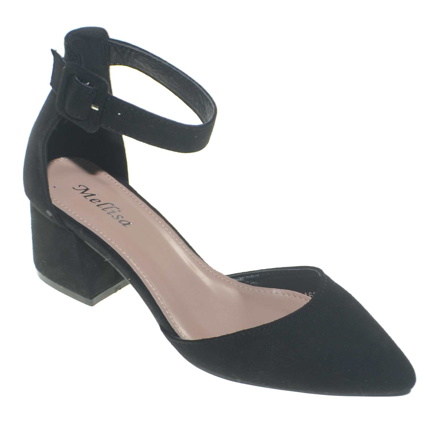 Sandalo tacco comfort aperto a punta in camoscio nero con tacco e cinturino alla caviglia glamour