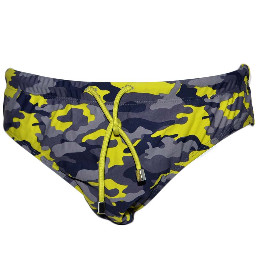 slip costume uomo mimetico e giallo fluo , pallanuoto, waterpool,modello bagno militare camouflage slip mutandina