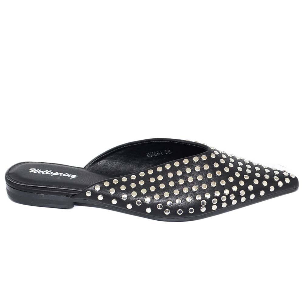 Sabot donna a punta anni 30 raso terra con borchie schiacciate con scollo a v tallone scoperto glamour moda comodo