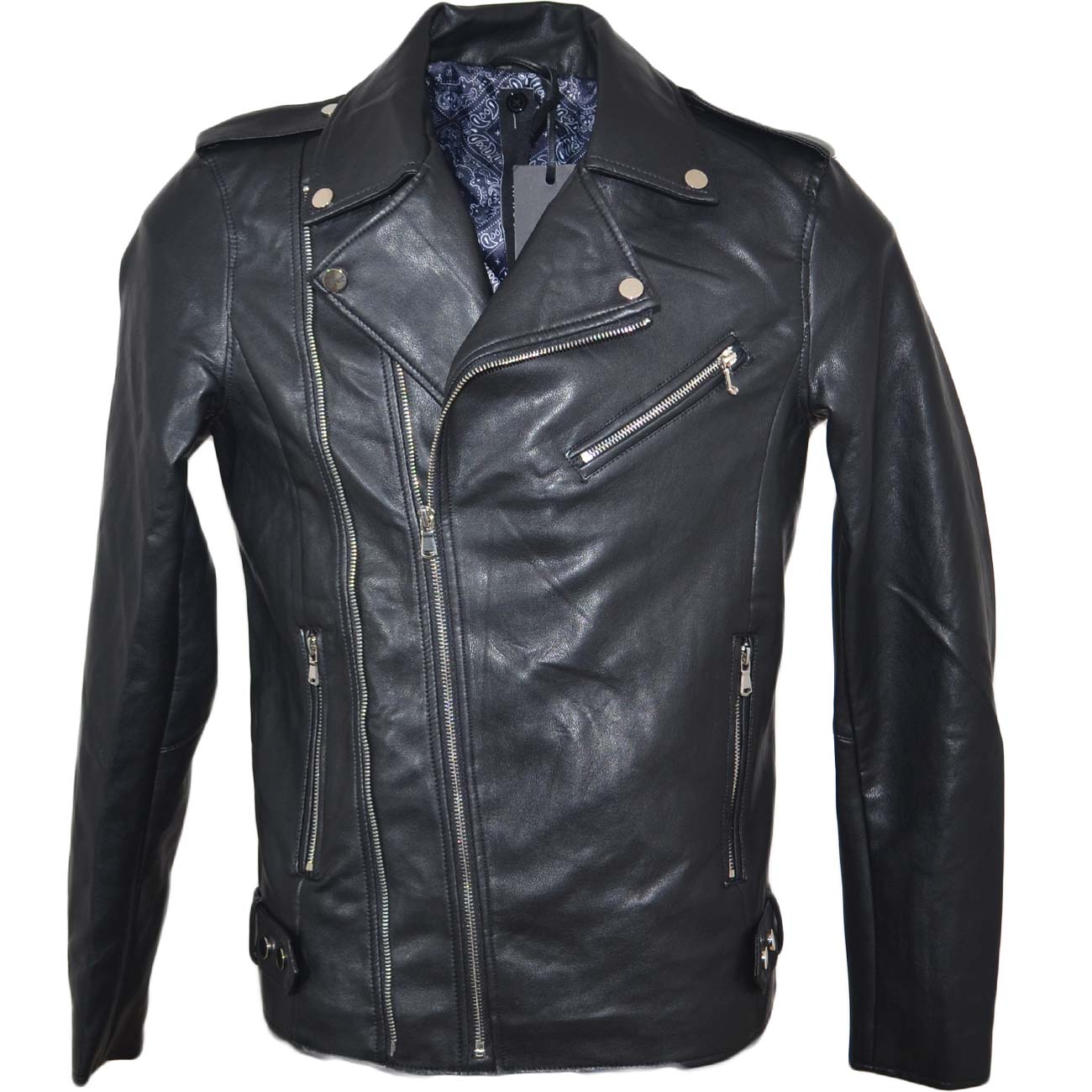 Chiodo giacca uomo di pelle ecologica nero con ganci argento vestibilita' slim moda basic trend