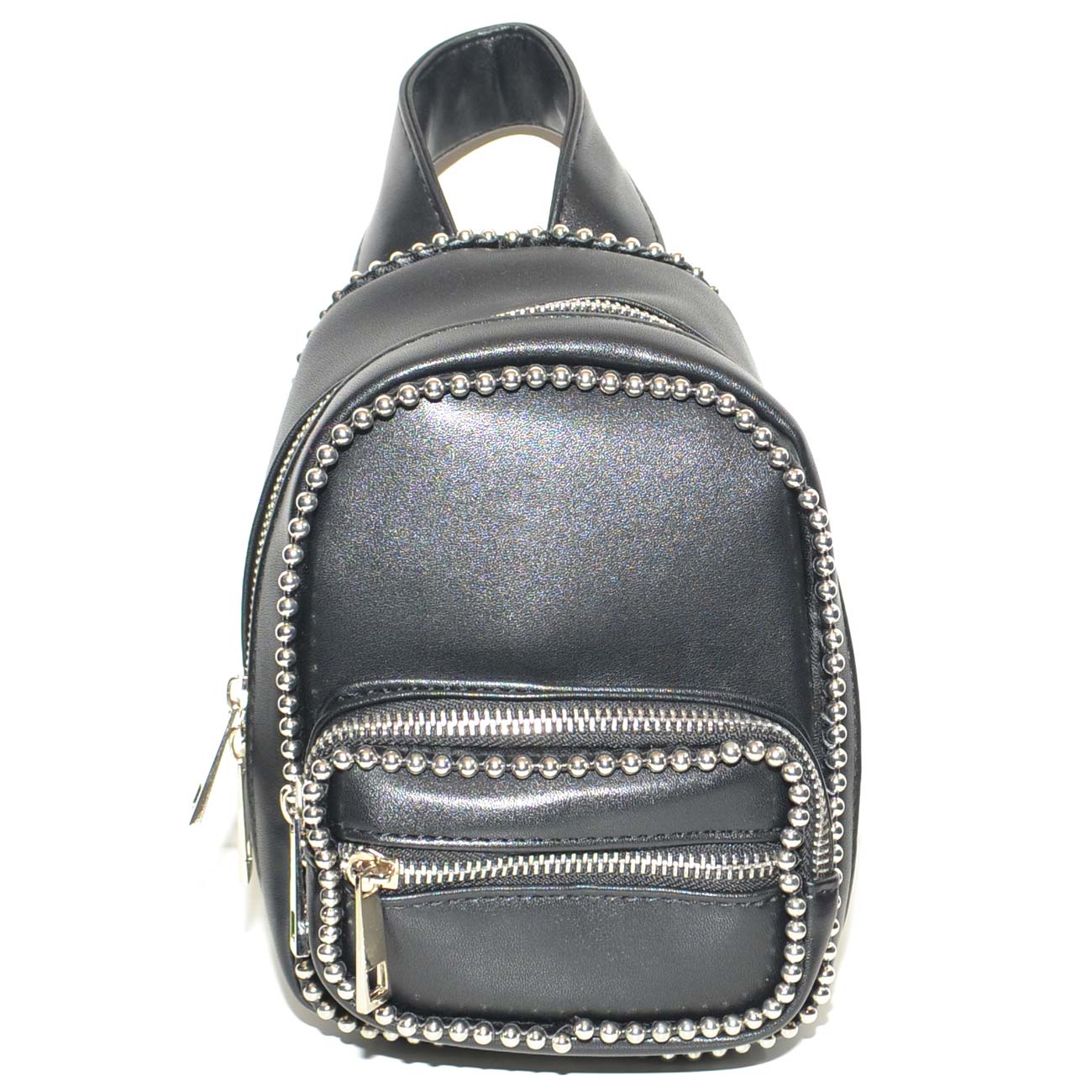 Mini zaino da donna versione pochette con doppia allacciatura e zip interne con borchiette argento