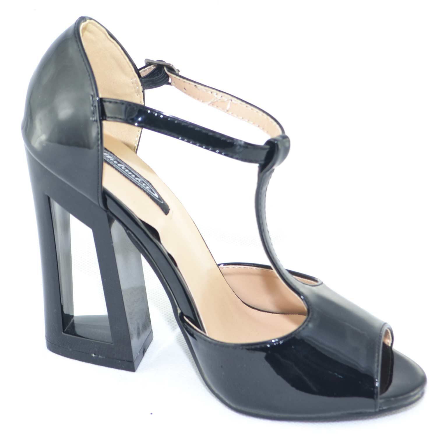 sandalo tacco aperto in vernice nero lucida con tacco largo e cinturino  glamour | eBay