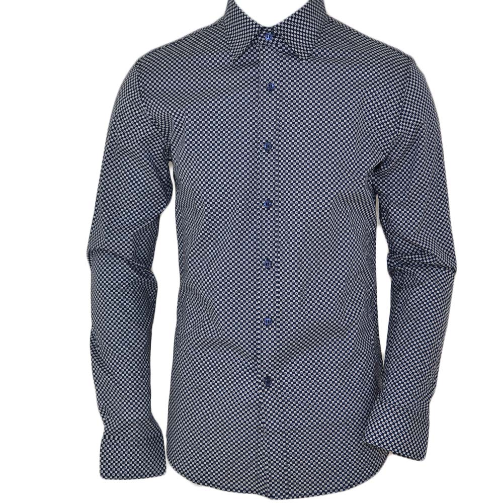 Camicia uomo cotone blu collo rigido manica lunga motivo astratto made in italy bianco basic slim.