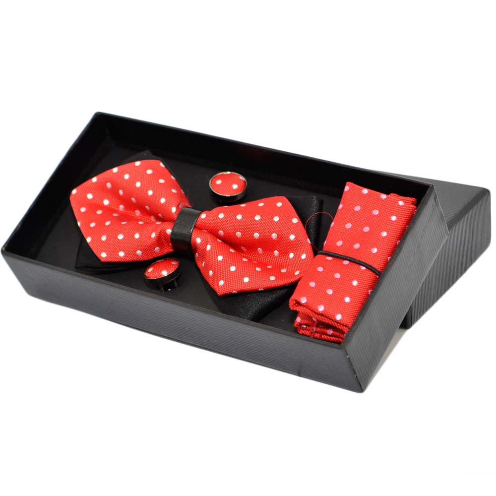 SET PAPILLON UOMO IN COTONE ROSSO A POIS CON BOTTONI GEMELLI E POCHETTE DA TASCHINO