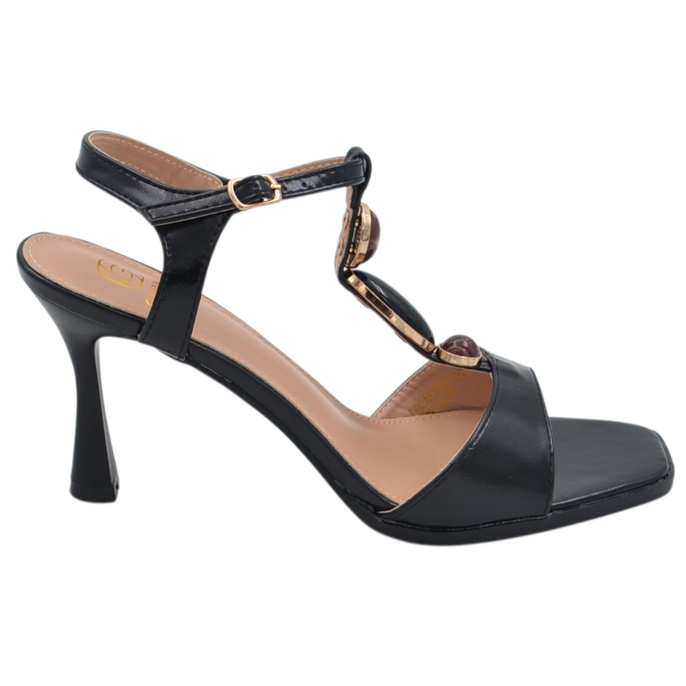 Sandalo donna nero con cinturino centrale tacco effetto legno rocchetto 9 cm con pietre chiusura alla caviglia.