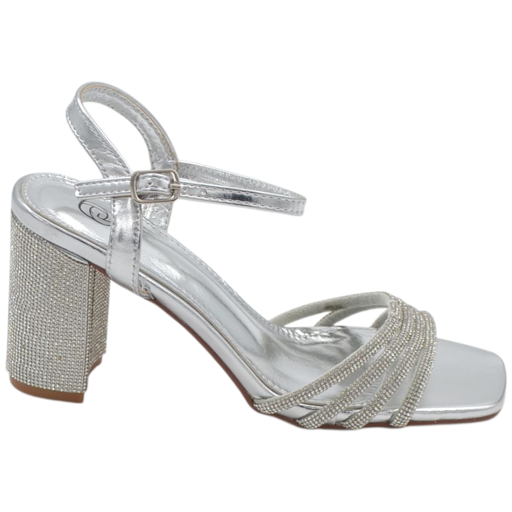 Sandali alto donna argento con fascette di brillantini tacco largo 8 cm chiusura alla caviglia regolabile 