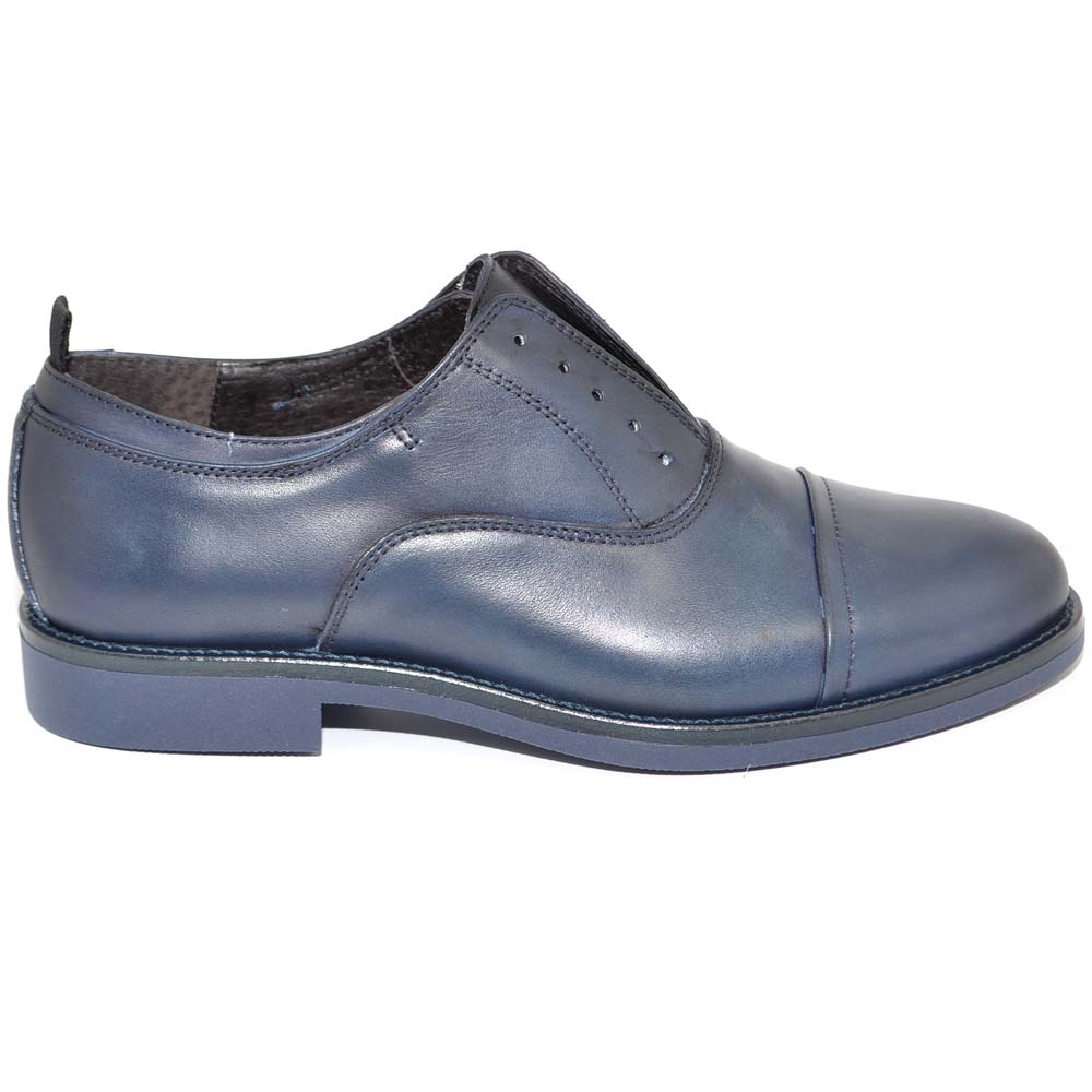 Scarpe uomo francesina elegante punta alzata senza lacci vera pelle nappa blu vintage made in italy fondo gomma light