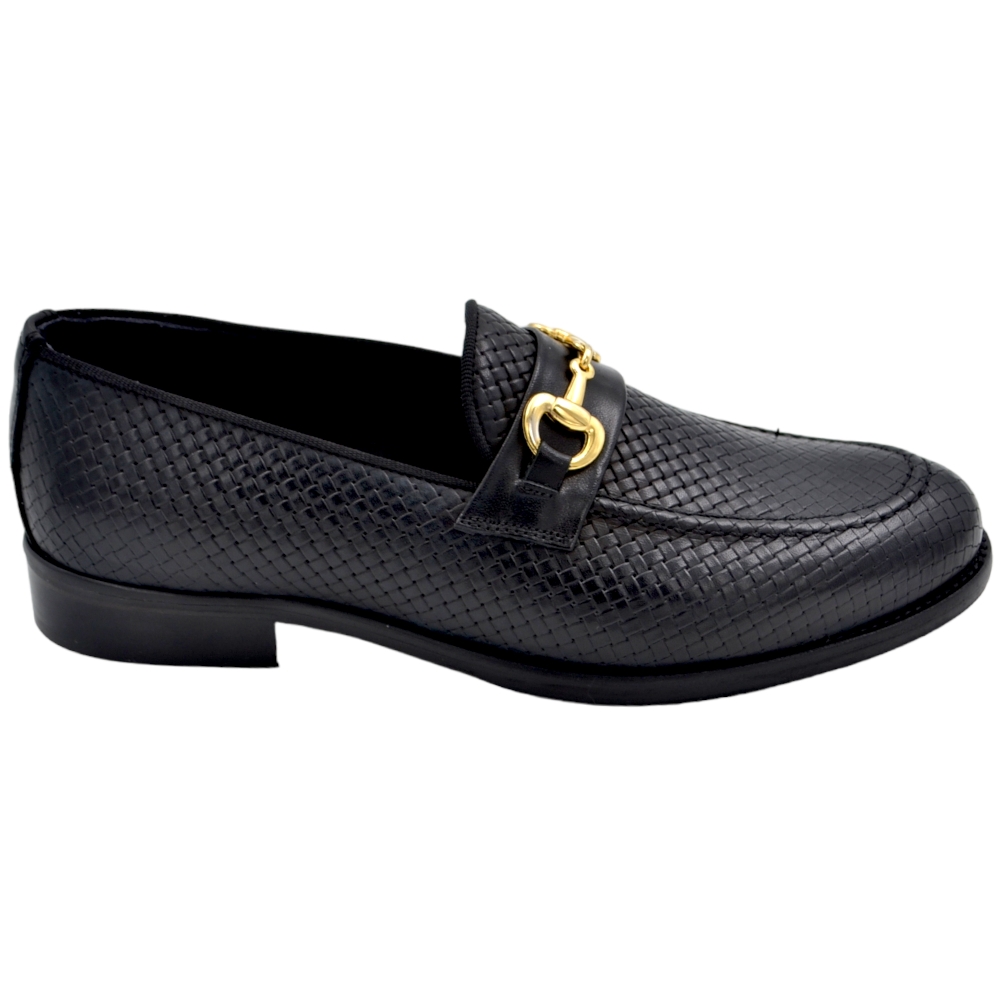 Scarpe mocassino uomo elegante morsetto oro vera pelle intrecciata nera suola in cuoio antiscivolo cerimonia evento