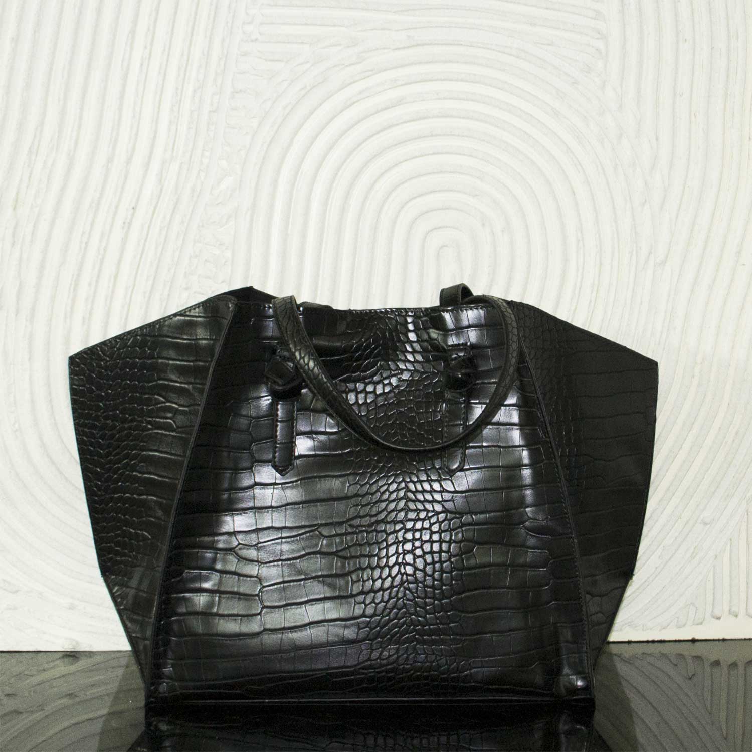Borsa grande big bags shopping nero cocco squamato manico tracolla moda