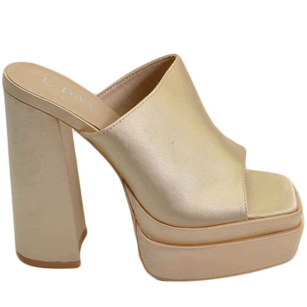 SABOT DONNA TACCO IN RASO ORO TACCO DOPPIO 15 CM PLATEAU 6 CM PUNTA QUADRATA OPEN TOE MODA