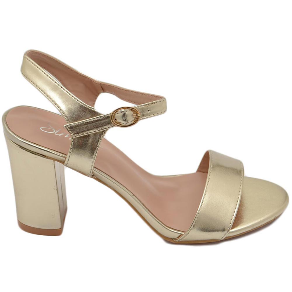Scarpe sandalo oro donna con tacco 6 cm basso comodo basic con fascia morbida e cinturino alla caviglia open toe.