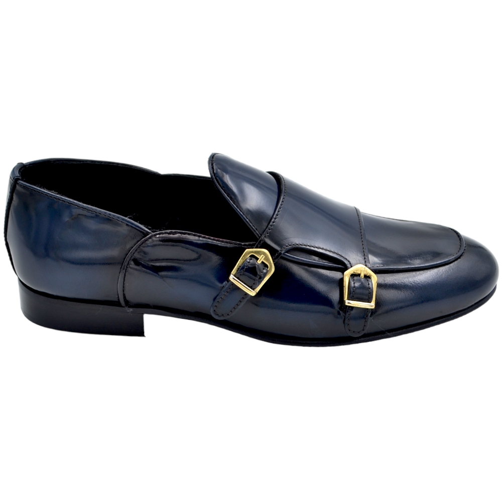 Scarpa mocassino uomo ls doppia fibbia argento vera pelle abrasivato blu cucita a mano fondo cuoio antiscivolo centrale