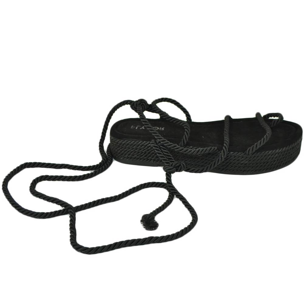 Sandali platform donna nero con corda di canapa suola in cordone e gomma moda Mykonos alla schiava gladiatore .