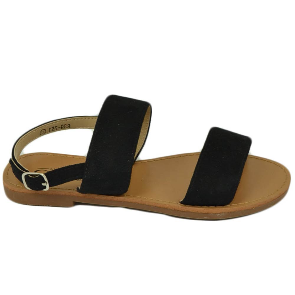 Sandalo basso nero due fasce in morbida alcantara cinturino alla caviglia fondo antiscivolo comoda estate .