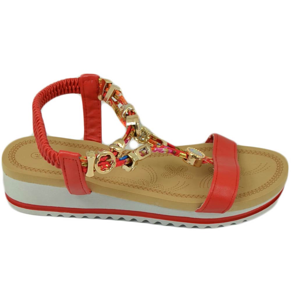 Sandalo gioiello fascetta rosso con applicazioni oro donna basso zeppa gomma antiscivolo cinturino elastico comodo