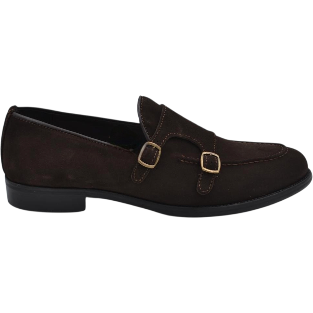 Scarpe mocassino uomo doppia fibbia in vera pelle camoscio marrone fondo in cuoio con antiscivolo fibbia oro.