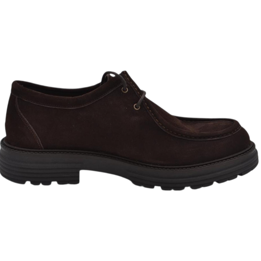 Scarpe uomo stringate ingegniere vera pelle camoscio marrone spazzolato suola alta zigrinata made in italy.