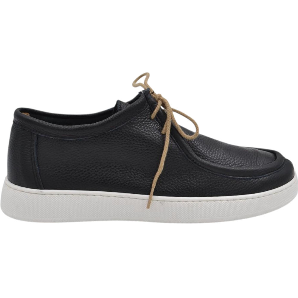 SCARPA UOMO MODELLO INGEGNERE IN VERA PELLE NERA LACCI BEIGE CON GOMMA BIANCA ULTRALEGGERA 2 CM.