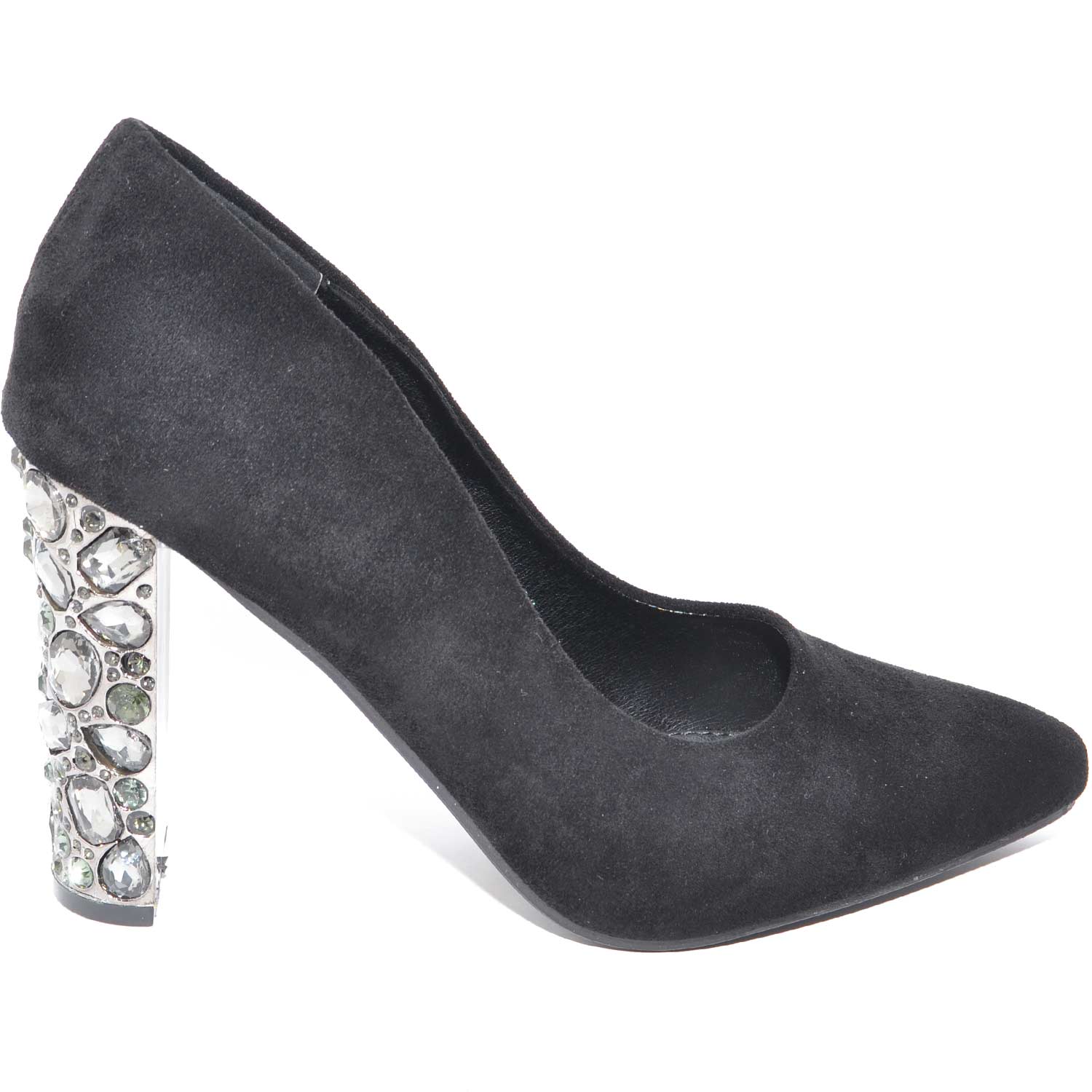 Decollete donna nero linea luxury con tacco largo  incastonato di strass argento glam cerimonia lusso