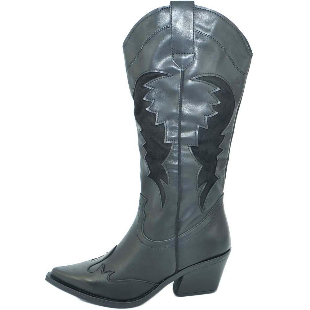 Stivale camperos donna nero in pelle e camoscio con fantasia fulmini