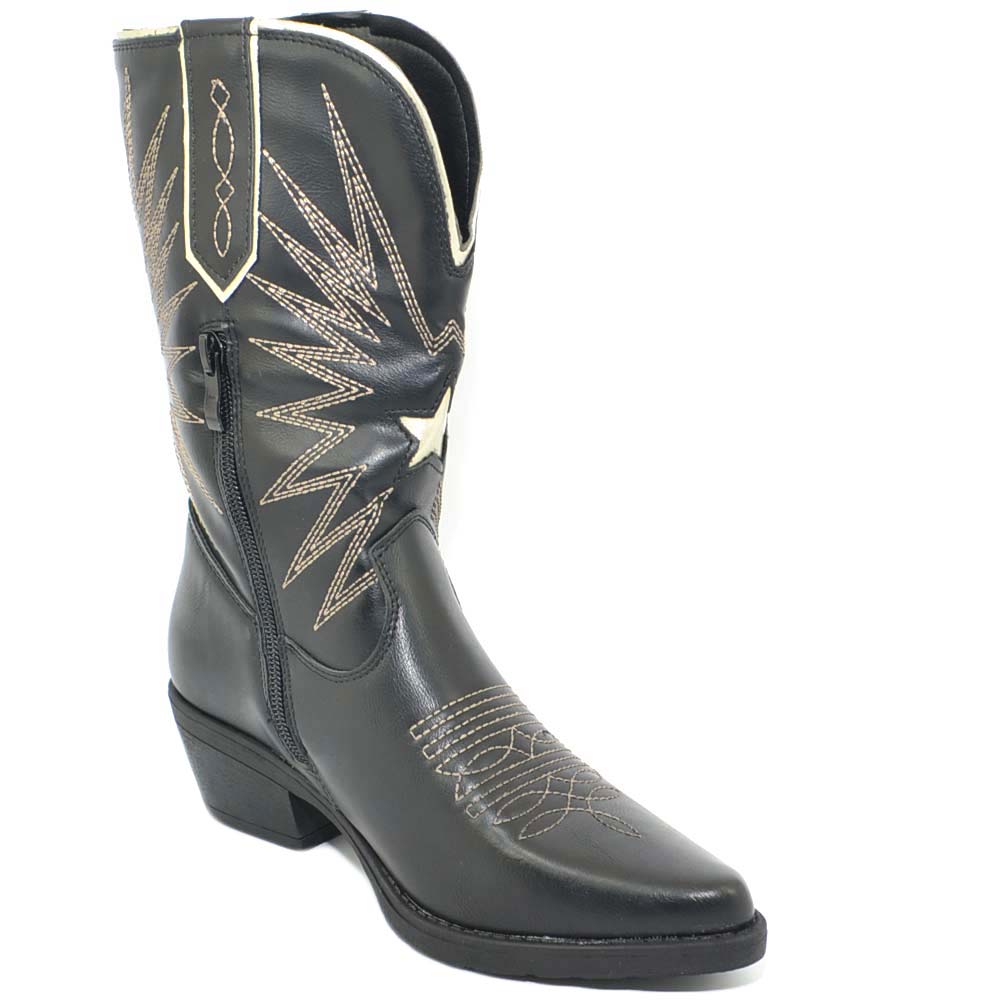 Texano camperos donna nero con stella e cuciture oro a meta' polpaccio a  contrasto scollo a v con zip western texas donna stivaletti Malu Shoes |  MaluShoes