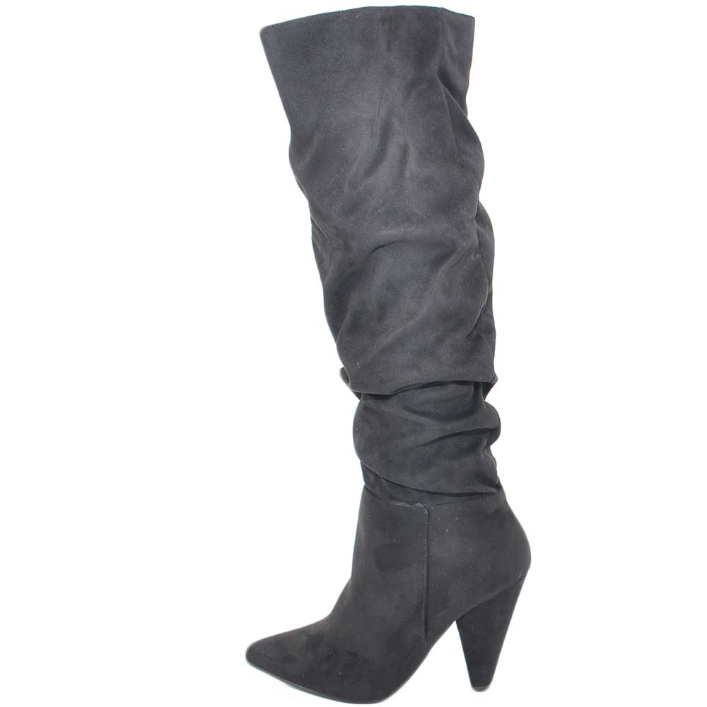 Stivali texano donna in camoscio nero tinta unita arricciato sopra al ginocchio morbido moda camperos a punta tacco west