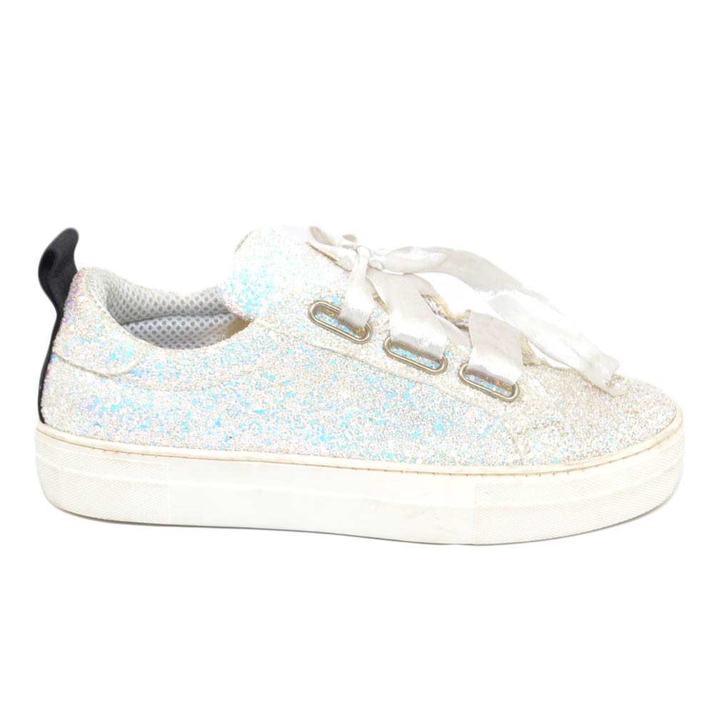 Sneaker donna glitterata bianca ghiaccio vera pelle chiusura nastri made in italy risvoltabili fondo bianco alto glamour