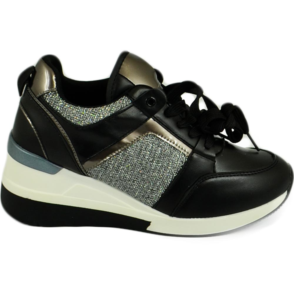 Scarpe donna polacchino sneakers comfort da passeggio glitter nero grigio gomma anatomica zeppa lacci.