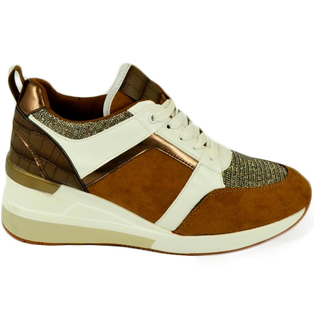 Scarpe donna polacchino sneakers comfort da passeggio glitter marrone bianco gomma anatomica zeppa lacci