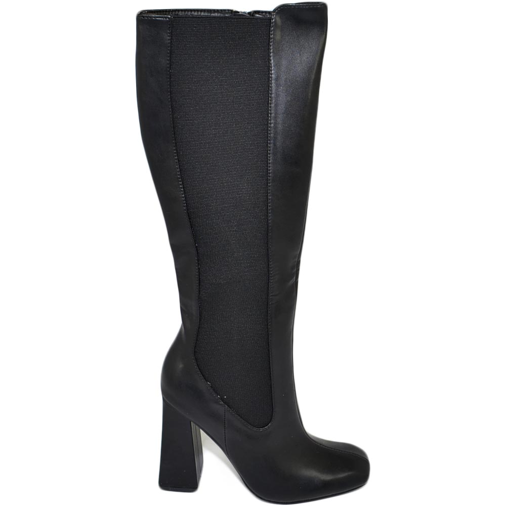Stivale alto donna punta quadrata nero liscio gambale aderente con elastico al ginocchio tacco largo 10 cm moda con zip.