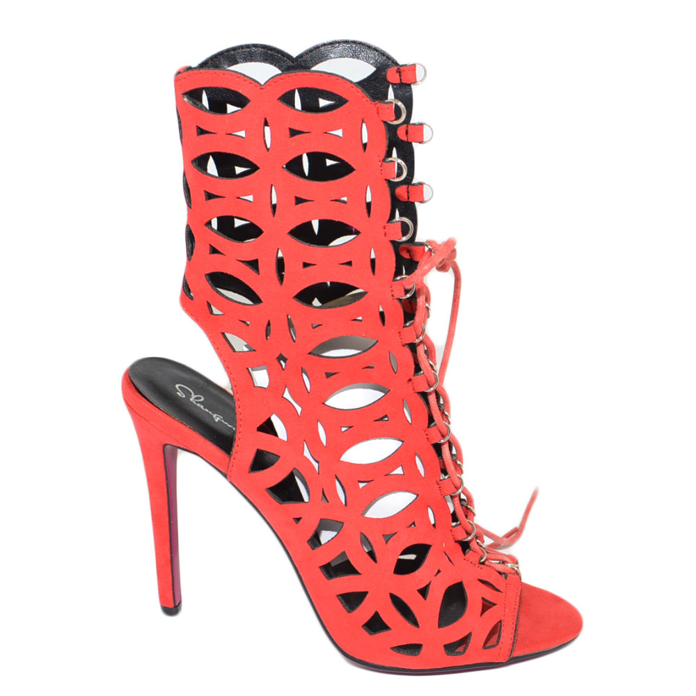 Tronchetti Donna spuntato rosso forato  allacciati dorso altezza meta' polpaccio tacco 10 cm lacci moda giovane