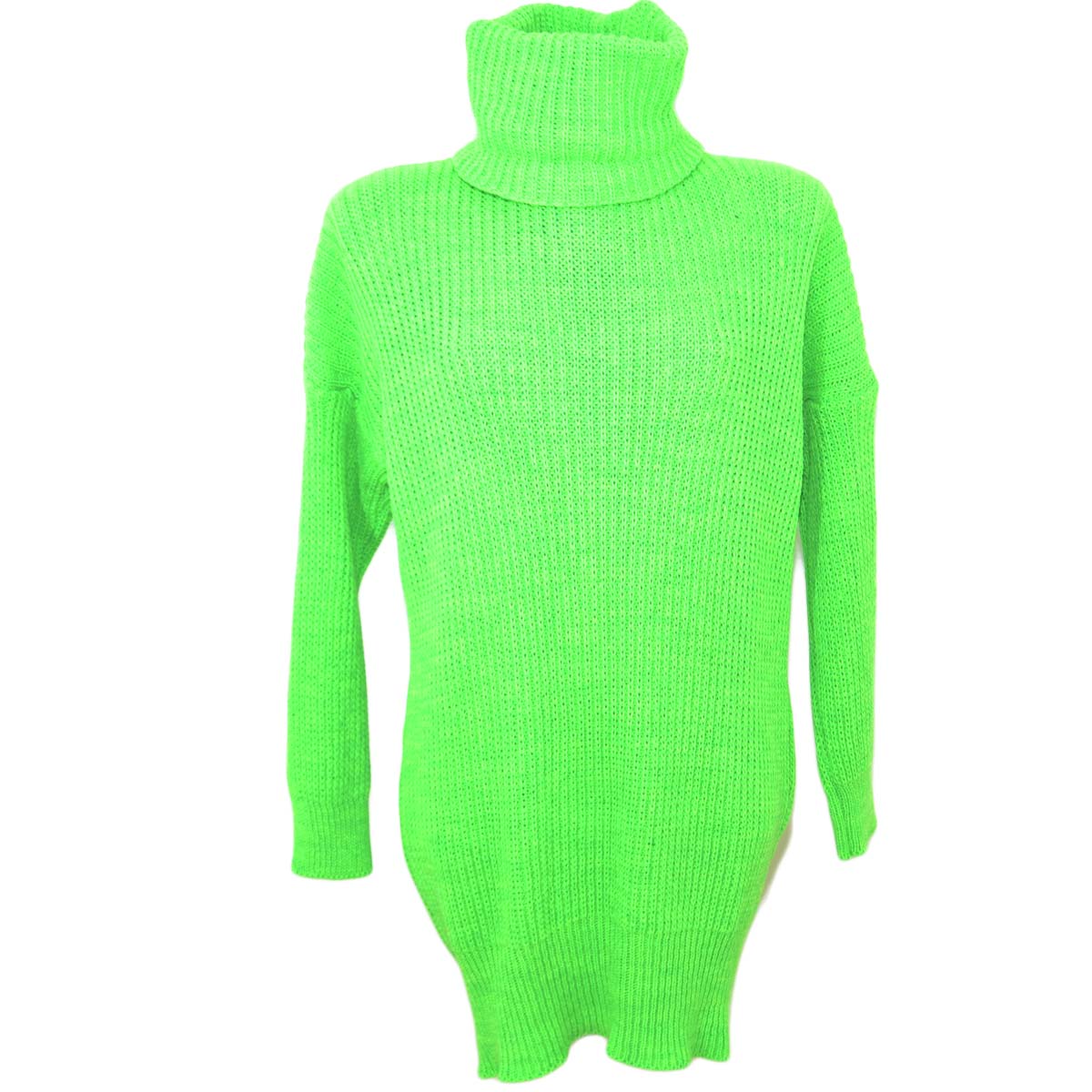 Maxi pull dolcevita donna verde fluo lungo vestitino a collo alto maniche lunghe tessitura larga moda tendenza