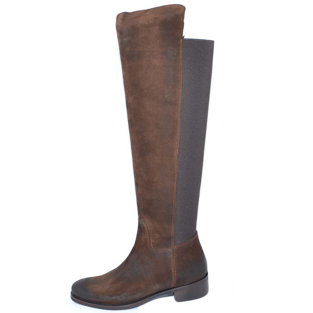 Stivale alto sopra il ginocchio donna marroni vera pelle scamosciata elastico tacco basso comodi made in Italy