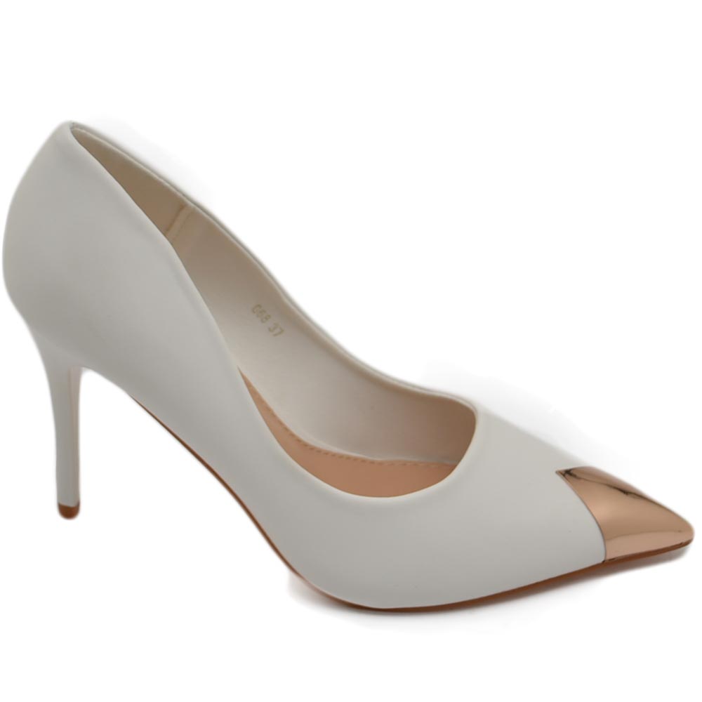 Decolette' donna a punta pelle matte bianco liscio con punta oro tacco 12 cm spillo