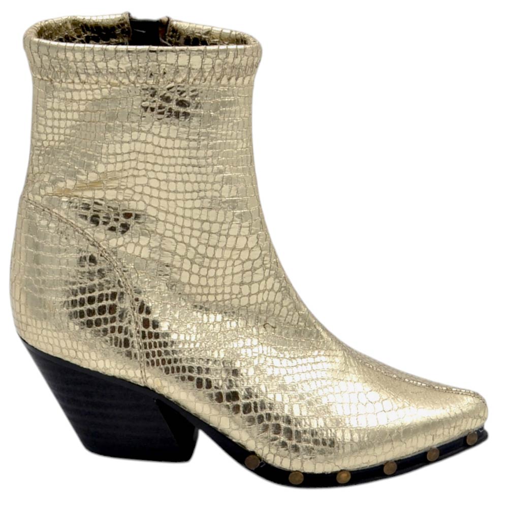 Tronchetto donna CorinaM4741 tacco legno cono 6,5cm a punta in pelle pitonata oro con zip e borchie alla caviglia.