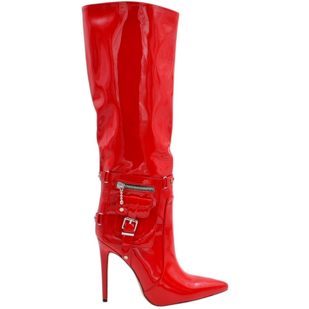 Stivali donna alti lucidi rossi in vernice al ginocchio con zip tacco a spillo 12cm vinile con cinturini fibbie marsupio.