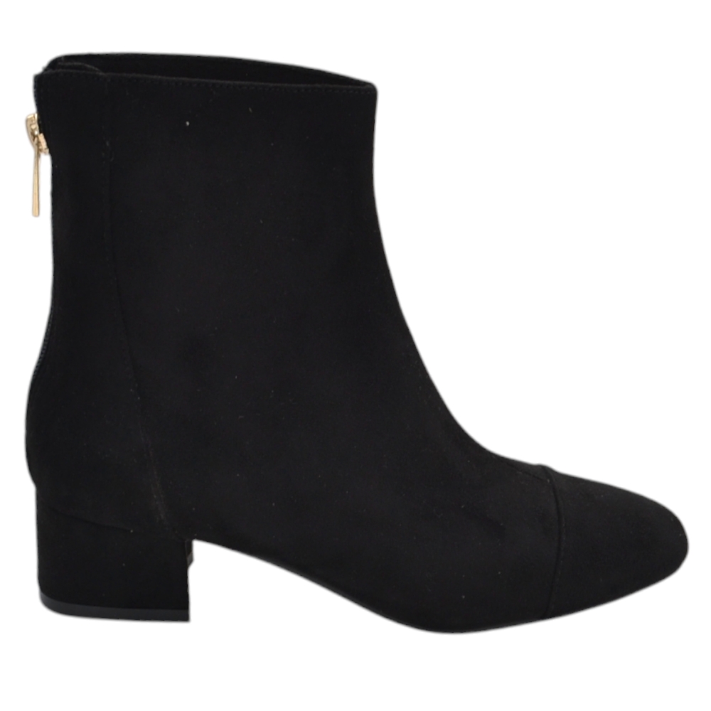Stivaletto tronchetto donna in camoscio nera a punta quadrata lucida tacco largo 4 cm zip retro aderente effetto calzino