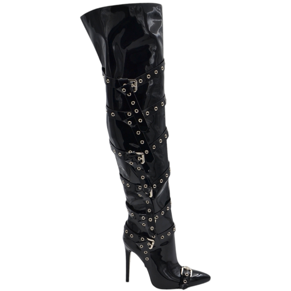 Stivale alto donna nero a punta lucido vernice effetto calzino tacco sottile 12 cm sopra al ginocchio fibbie e cinturini.