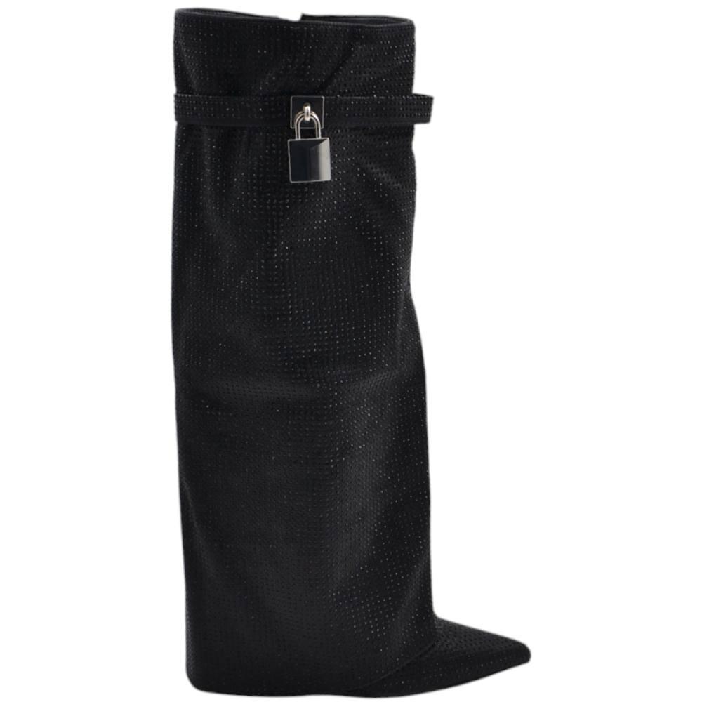 Stivali donna al ginocchio shark a punta in tessuto nero con brillantini e lucchetto argento zeppa 10cm zip nascosta .