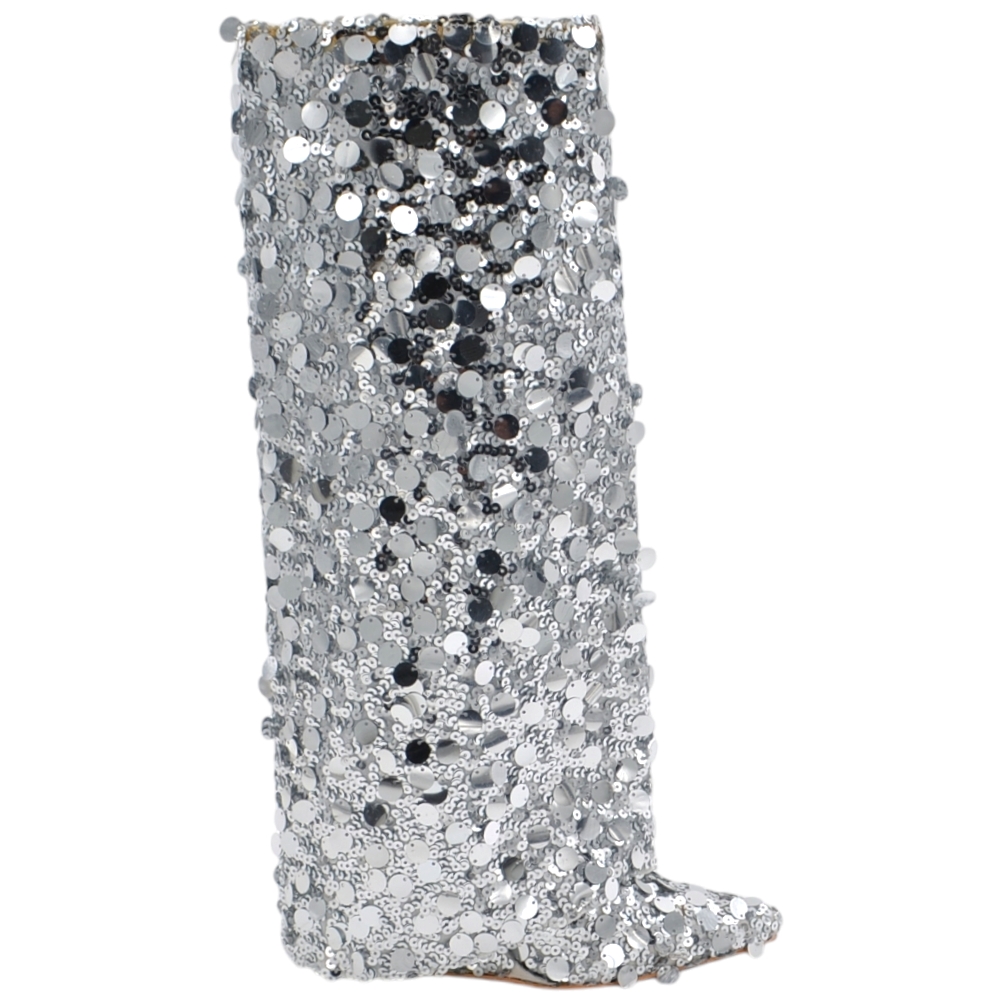 Stivali donna al ginocchio shark a punta in tessuto argento con paillettes tono su tono zeppa 10cm zip nascosta .