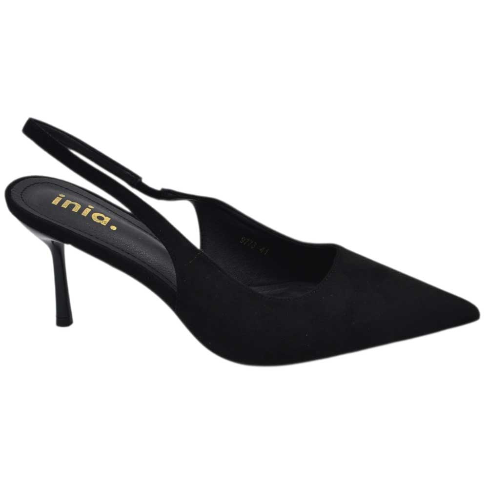 Decollete donna a punta nero camoscio slingback con cinturino tacco a spillo 10 cm