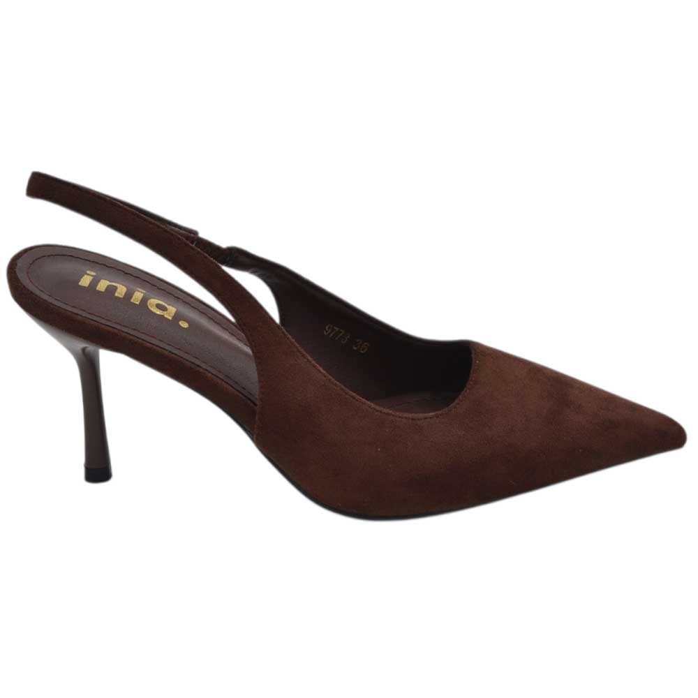 Decollete donna a punta marrone camoscio slingback con cinturino tacco a spillo 10 cm.