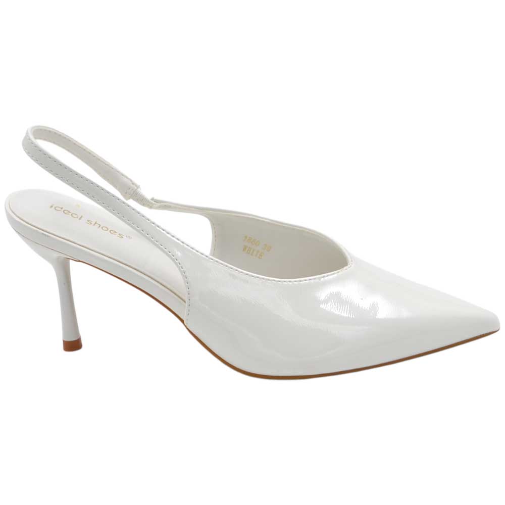 Decollete donna a punta bianco in vernice lucida slingback con scollo a V e tacco a spillo 10 cm.