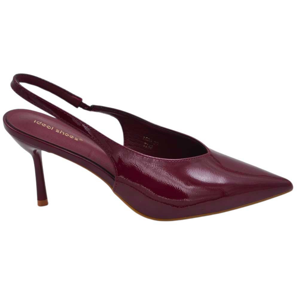 Decollete donna a punta bordeaux in vernice lucida slingback con scollo a v e tacco a spillo 10 cm.