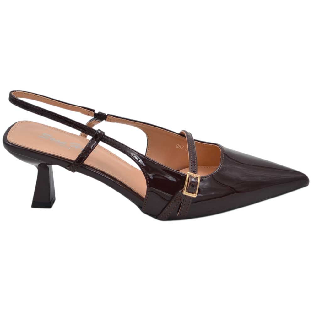 Decollete donna a punta in vernice marrone testa di moro tacco spillo 4 cm slingback cinturino alla caviglia regolabile