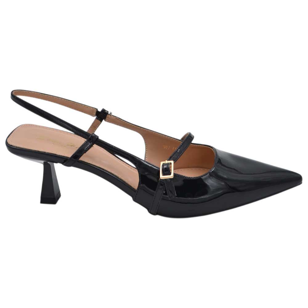 Decollete donna a punta in vernice nera con tacco spillo 4 cm con aperture laterali e cinturino alla caviglia regolabile