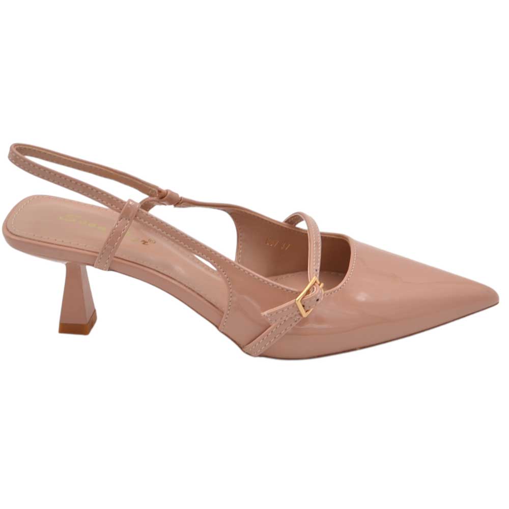 Decollete donna a punta in vernice beige nude tacco spillo 4 cm aperture laterali e cinturino alla caviglia regolabile