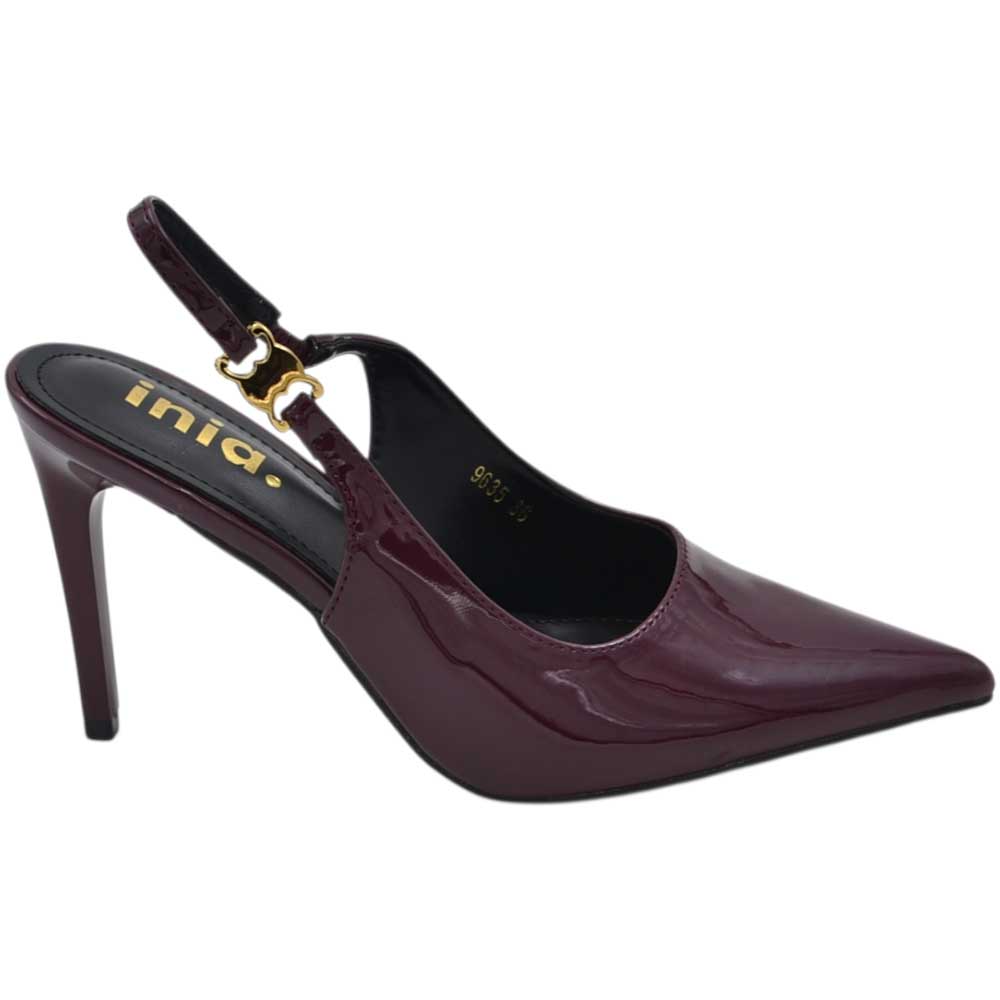 Decollete donna a punta slingback in vernice lucida bordeaux melenzana con gancio oro tacco a spillo 12